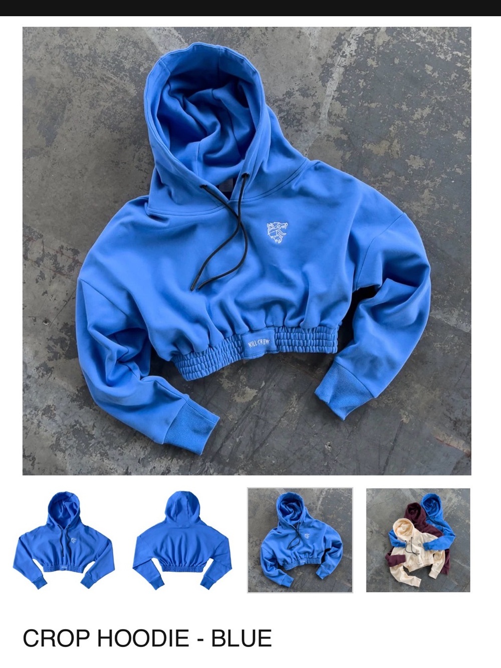 Kill Crew Blue Cropped Hoodie with Black Drawstrings - Picture 6 of 6
